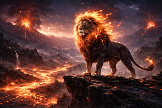 Majestic Fire Lion Standing on a Cliff Overlooking Volcanic Eruptions
