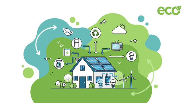 Ecofriendly house with solar panels and sustainable energy systems.