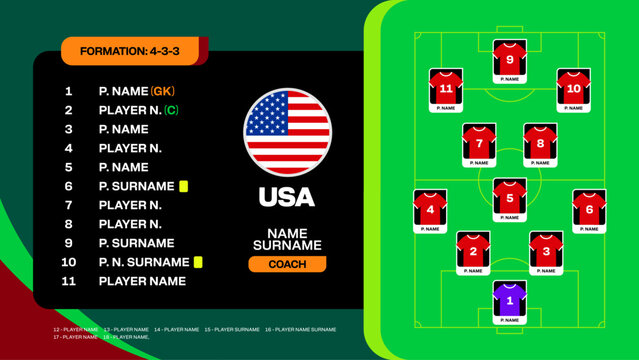 Football 2026 Tournament Infographic Design Featuring USA Team Formation and Player Roster for Sports Event Announcement.