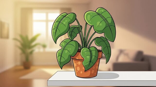 Cartoon potted plant with green leaves in bright home interior