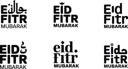 Eid Fitr Mubarak typography collection with Arabic calligraphy and bold modern lettering styles, black vector set for Islamic festival greetings © Fahim Creative