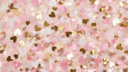 Fototapeta premium Sparkling Pink and Gold Heart Confetti Background.