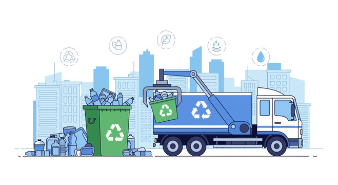 Garbage truck collecting recycling bin full of waste.