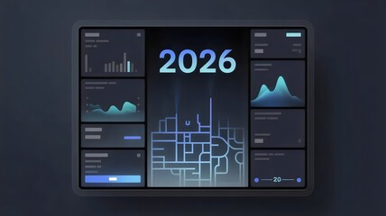 Fototapeta premium Futuristic city control panel displaying 2026 – Perfect for urban planning content, IoT marketing, or management branding