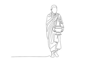 Obraz premium Monk Line Drawing, Alms Bowl, Buddhist, Saffron Robes, Simple, Minimalist