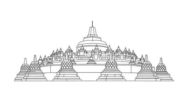 Borobudur Temple Outline Drawing - Ancient Buddhist Monument, Indonesia