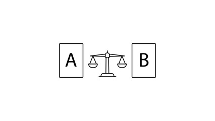 A/B Testing minimalist black line vector icon illustration on white background, featuring two vertical rectangles labeled A and B with a balance scale in between for marketing optimization. © Abdullah
