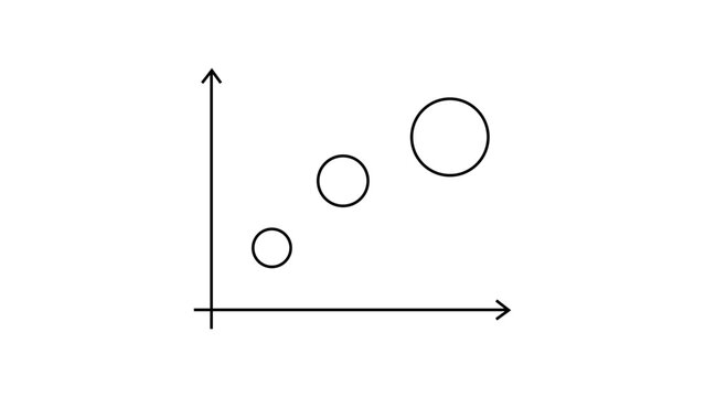 Scatter plot bubble chart vector symbol. A line art illustration of an XY coordinate axis with three circular data points of varying dimensions for statistical comparison and analytics.