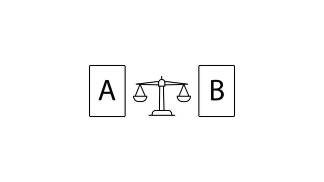 A/B Testing minimalist black line vector icon illustration on white background, featuring two vertical rectangles labeled A and B with a balance scale in between for marketing optimization.