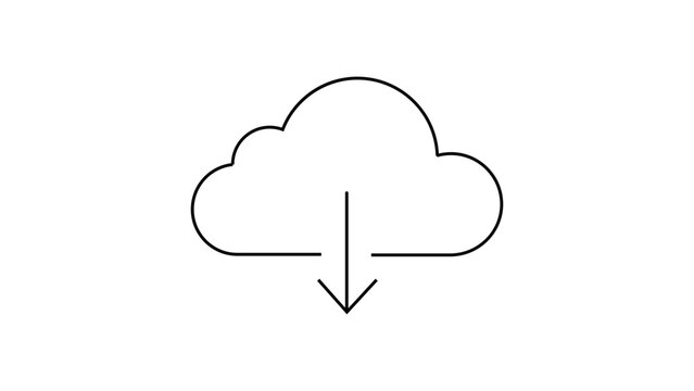Cloud Download Vector Icon: A minimalist black line illustration on a white background representing data storage, internet connectivity, and web interface design in a clean scalable SVG format.