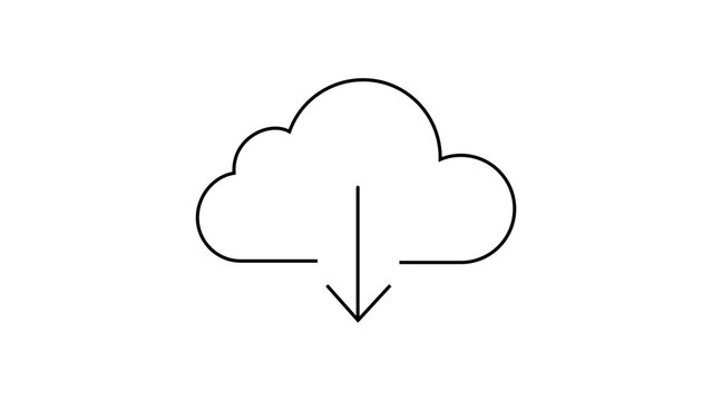 Cloud Download Vector Icon: A Minimalist Black Line Illustration of a Cloud with a Downward Arrow, Perfect for Web Design, Data Storage, and Digital Technology Concepts on a White Background.