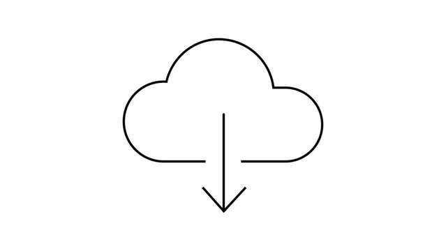 Minimalist black line vector icon of a cloud with a downward arrow on a white background, representing cloud download, data storage, and file transfer. Scalable illustration for web and app UI.