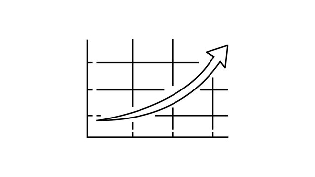Minimalist black line vector icon illustration of an upward curving arrow on a coordinate grid, representing business growth, financial success, positive analytics, and market trends on white.