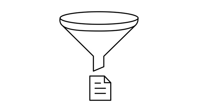 Minimalist black line vector icon of a funnel and document report on a white background, representing data filtering, business analysis, information processing, and report generation.