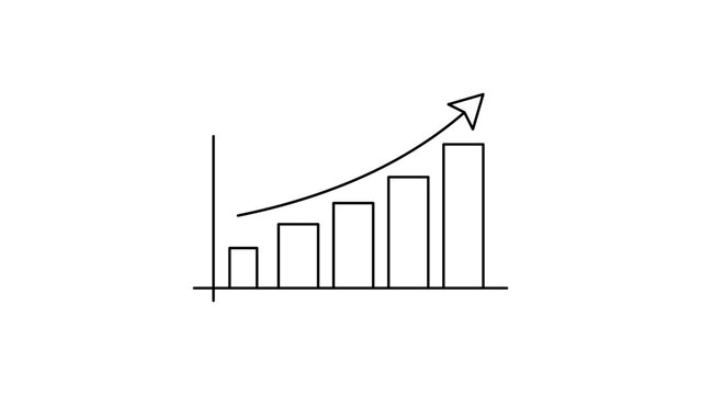 Minimalist black line vector icon illustration of a rising bar chart with an upward arrow on a white background, symbolizing business growth, financial success, progress, and data analysis.