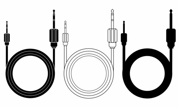 Phone Connector Audio Jack Cable Set Vector. icon Set in outline and silhouette.for mobile audio, devices, and tech visuals