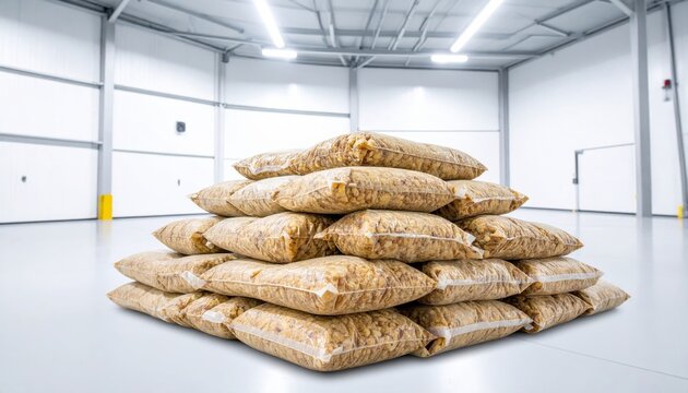 A large stack of individually wrapped compressed emergency food rations in a warehouse setting, highlighting preparedness and long-term sustenance.