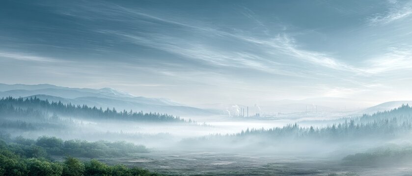 Misty mountain valley with distant industrial plant and smokestacks under dramatic morning sky