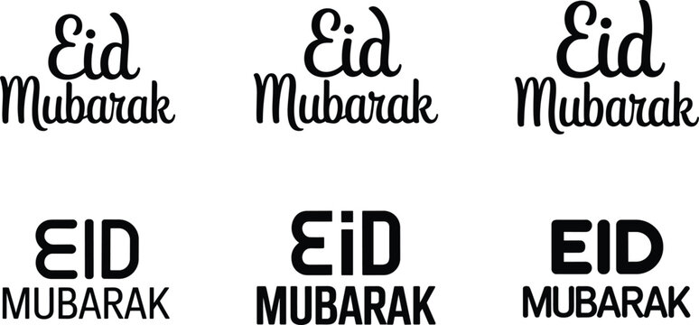 Eid Mubarak lettering set with modern and handwritten typography styles, black vector collection for Islamic festival greeting cards and branding