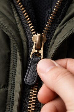 Closeup of zipper being pulled on jacket with hand showing detail of clothing fastener mechanism