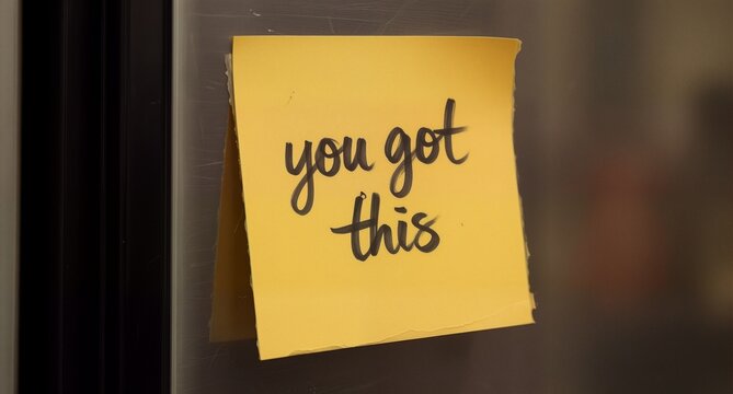 Motivational yellow sticky note with handwritten message on stainless steel surface