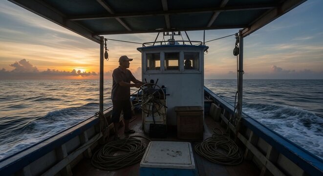 Fisherman sailing boat ocean sunset