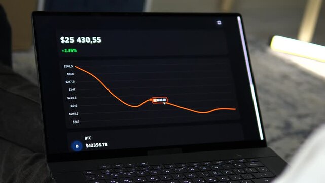 Dynamic financial data visualization. Laptop screen displaying a real-time crypto portfolio and a technical analysis chart showing a market dip. Ideal for banking ads, crypto news reports, and