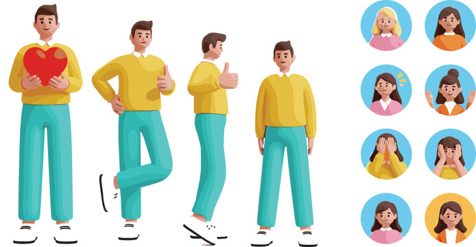 Young man character poses and female avatar emotions vector set with different gestures, expressions, standing positions and modern flat illustration collection