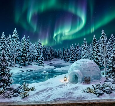 An igloo and a winter scene with aurora borealis lights illuminating the icy landscape