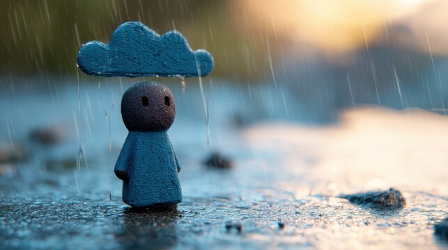 A small blue figure stands in the rain with a cloud above its head