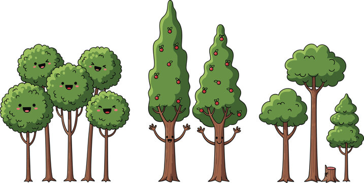 Cartoon tree vector set with cute forest characters, smiling trees, apple trees and various green foliage styles isolated illustration collection