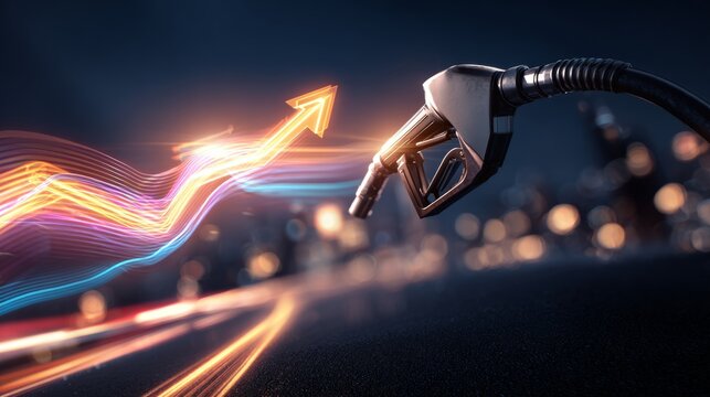 Artistic depiction of increasing energy prices. Social connections. Dynamic visual: fuel pump with prominent arrow shadow. Internet connectivity. Information flow.