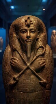 Ancient Egyptian sarcophagus with pharaoh face in museum display