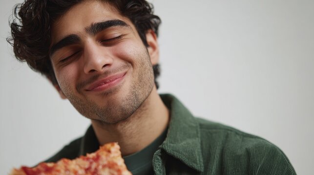 Man enjoys a slice of pizza while smiling in a simple indoor setting
