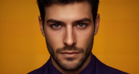 Obraz premium Portrait of a handsome bearded man against a vibrant yellow background