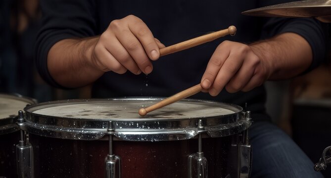 Close up of musician's hands playing snare drum with drumsticks