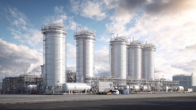 Embracing energy: towering tanks for a sustainable future. Blank background. Envisioning tomorrow's energy: lng tanks amidst a vibrant backdrop. Empty space. Clear focus.