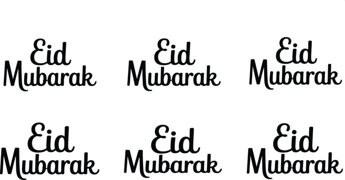 Eid Mubarak typography set with consistent handwritten script lettering styles, black vector collection for Islamic festival greeting card design