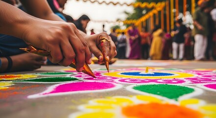 Obraz premium Rangoli art creation a vibrant tradition during a festive celebration