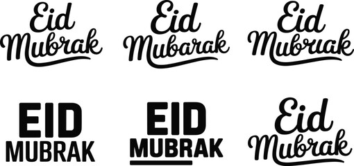 Eid Mubarak typography set with handwritten script and bold block lettering styles, black vector collection for Islamic festival greeting design © Fahim Creative