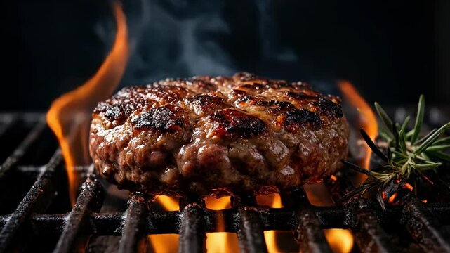 Sizzling beef burger patty grilling over an open flame on an outdoor barbecue with smoke and glowing coals, high angle cinematic footage of juicy meat for summer cookout concepts.