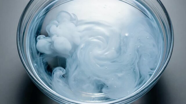 Slow motion video of white ink swirling in a water vortex inside a glass bowl, abstract fluid art showing hypnotic liquid movement and marble patterns on a dark gray background.