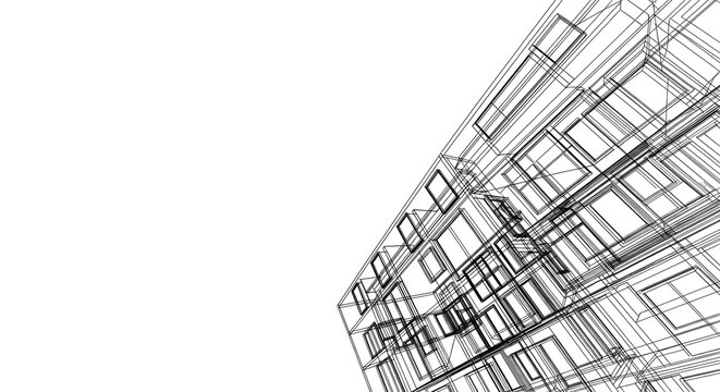 Abstract architectural wireframe sketch of a modern apartment building structure.