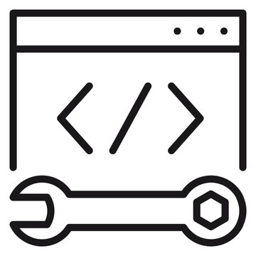 Web development vector icon featuring a browser window with coding brackets and a wrench symbol, representing website maintenance, software engineering, programming, and technical support services.