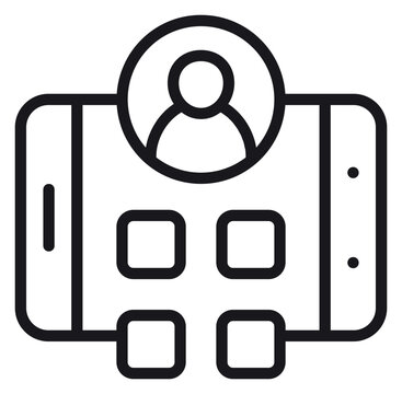 Black line vector icon of a smartphone with a user profile avatar and application icons on the screen, representing mobile app development, user interface design, and digital communication.