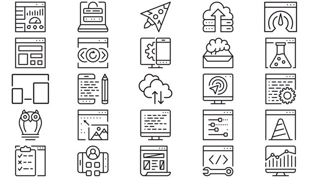 25 Web Development and Technology Vector Icon Set: Cloud Computing, SEO, Business Analytics, UI UX Design, Mobile App Development, Programming, Software Engineering, and Digital Marketing Symbols