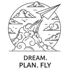 Obraz premium Paper airplane surrounded by clouds with inspirational message: dream plan fly
