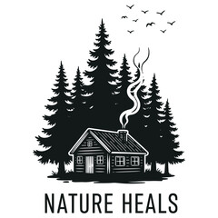 Obraz premium Cozy cabin among pine trees with birds in flight and nature heals message