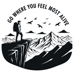 Obraz premium Female hiker standing on cliff overlooking mountains with inspirational quote