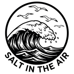 Obraz premium Ocean wave and seagulls emblem with text salt in the air